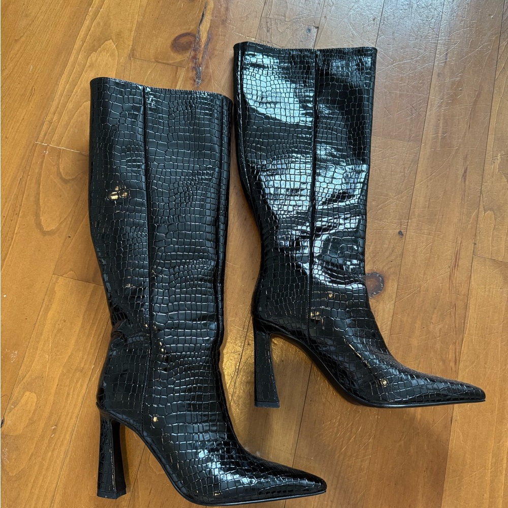 Black Croc-Embossed Knee-High Boots